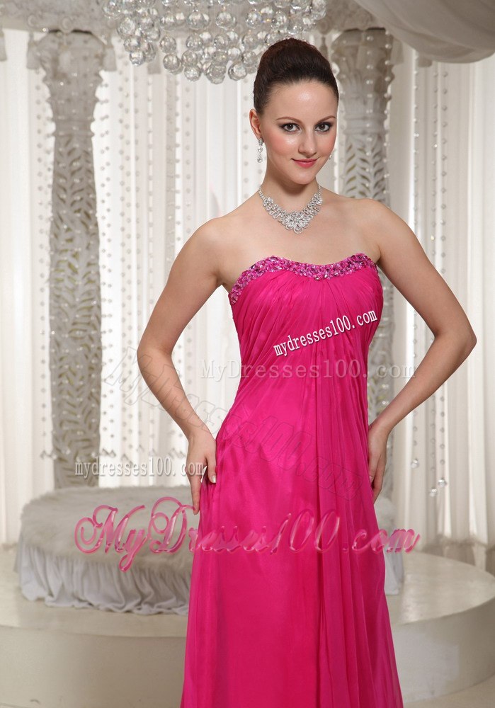 Hot Pink Beading Strapless Floor-length Pleated Dresses For Bridesmaid