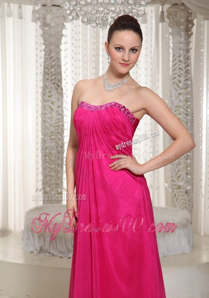 Hot Pink Beading Strapless Floor-length Pleated Dresses For Bridesmaid