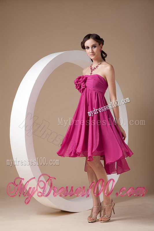 Exclusive Hot Pink Empire Cocktail Dress Strapless Chiffon Hand Made Flowers Mini-length