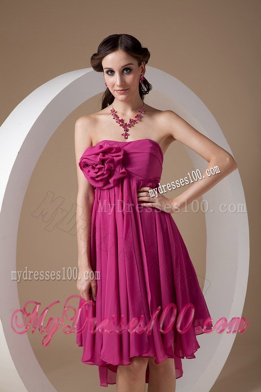 Fuchsia Asymmetrical Ruffled Strapless Mini-length Maid of Honor Dress