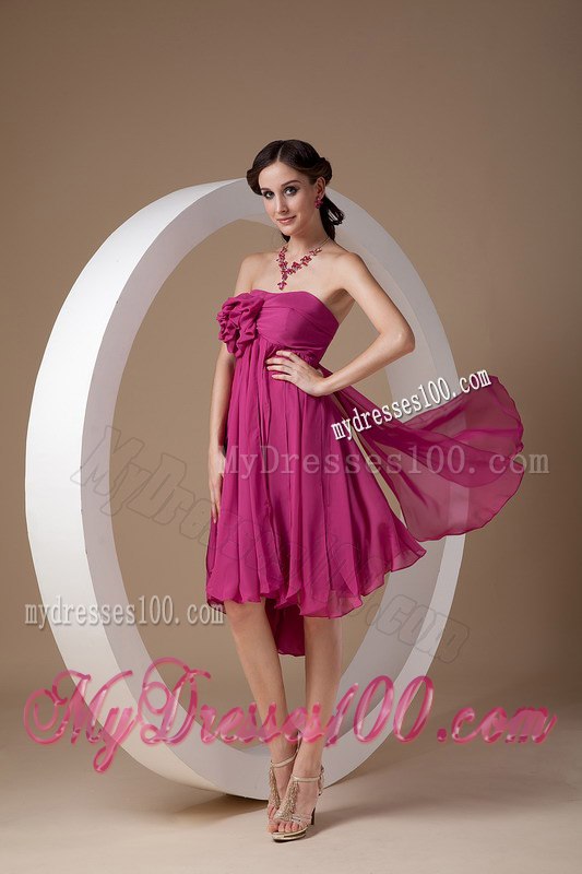 Fuchsia Asymmetrical Ruffled Strapless Mini-length Maid of Honor Dress