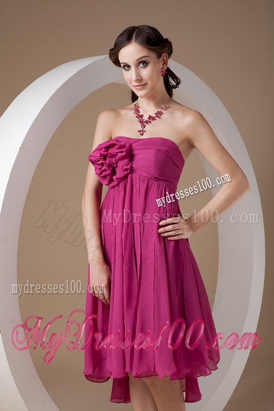 Fuchsia Asymmetrical Ruffled Strapless Mini-length Maid of Honor Dress