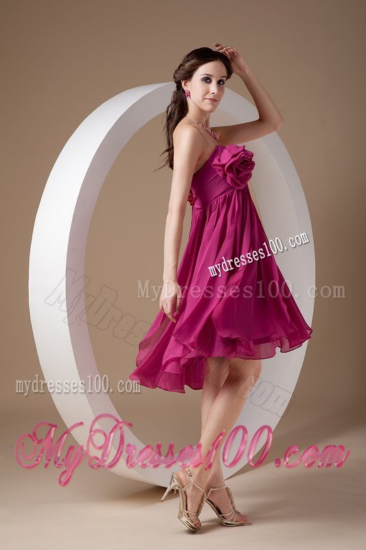 Fuchsia Asymmetrical Ruffled Strapless Mini-length Maid of Honor Dress