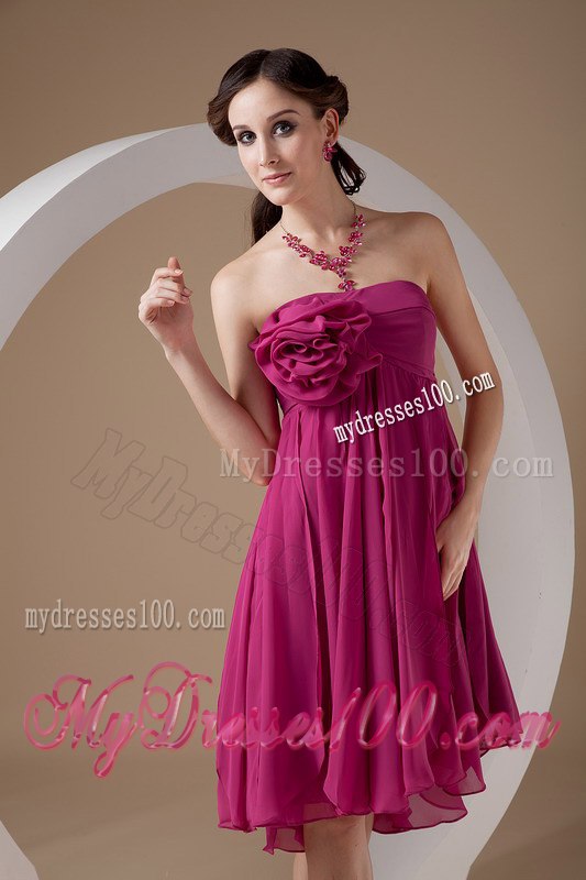 Exclusive Hot Pink Empire Cocktail Dress Strapless Chiffon Hand Made Flowers Mini-length