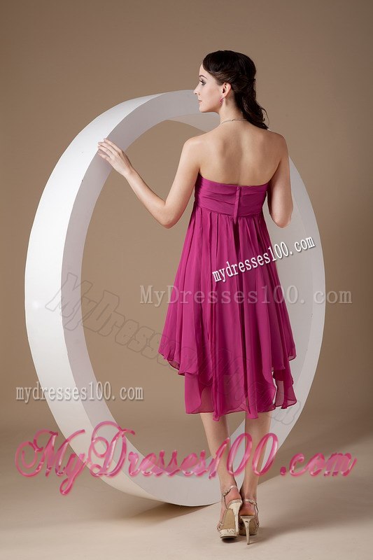 Exclusive Hot Pink Empire Cocktail Dress Strapless Chiffon Hand Made Flowers Mini-length