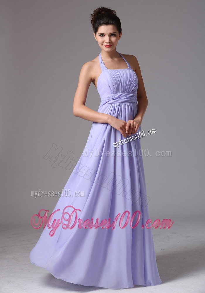 Halter Lavender Pleated Empire Dresses For Bridesmaid for Long