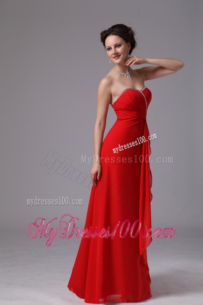 Sweetheart Beading Ruched Maid of Honor Dress with Ruffles in Red
