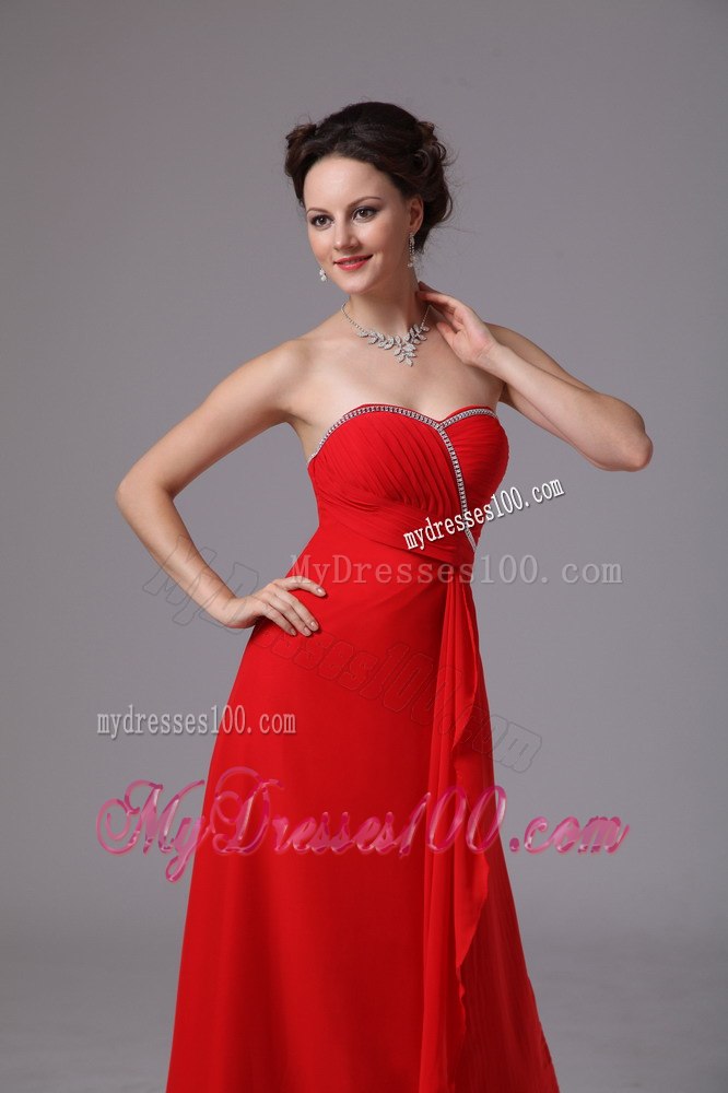 Sweetheart Beading Ruched Maid of Honor Dress with Ruffles in Red