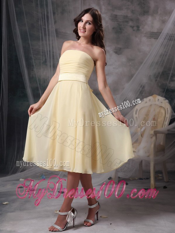 Light Yellow Pleated Strapless Knee Length Junior Bridesmaid Dress