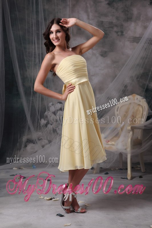Light Yellow Pleated Strapless Knee Length Junior Bridesmaid Dress