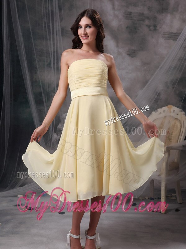 Light Yellow Pleated Strapless Knee Length Junior Bridesmaid Dress