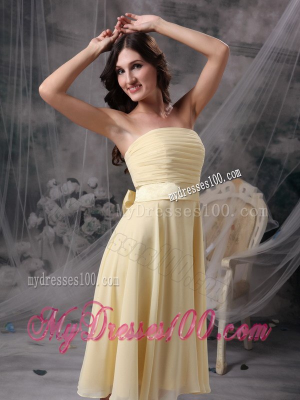 Light Yellow Pleated Strapless Knee Length Junior Bridesmaid Dress