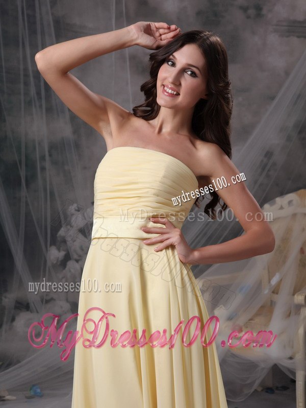 Light Yellow Pleated Strapless Knee Length Junior Bridesmaid Dress