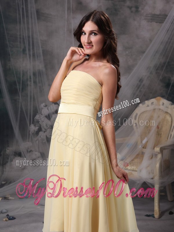 Light Yellow Pleated Strapless Knee Length Junior Bridesmaid Dress