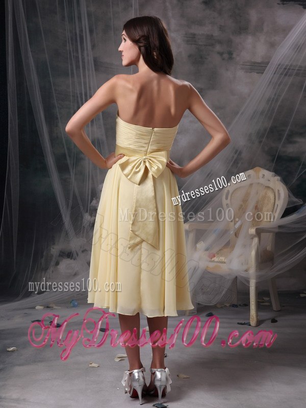Light Yellow Pleated Strapless Knee Length Junior Bridesmaid Dress