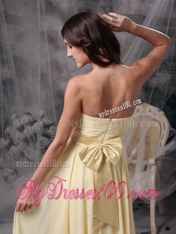 Light Yellow Pleated Strapless Knee Length Junior Bridesmaid Dress