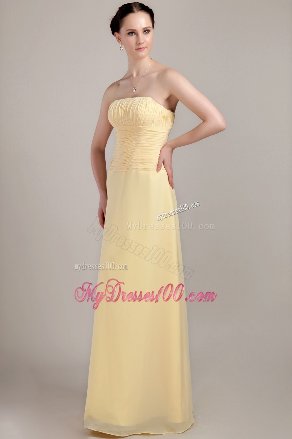 Strapless Floor Length Empire Pleated Dresses For Bridesmaid in Yellow