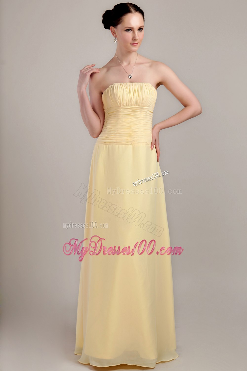 Strapless Floor Length Empire Pleated Dresses For Bridesmaid in Yellow
