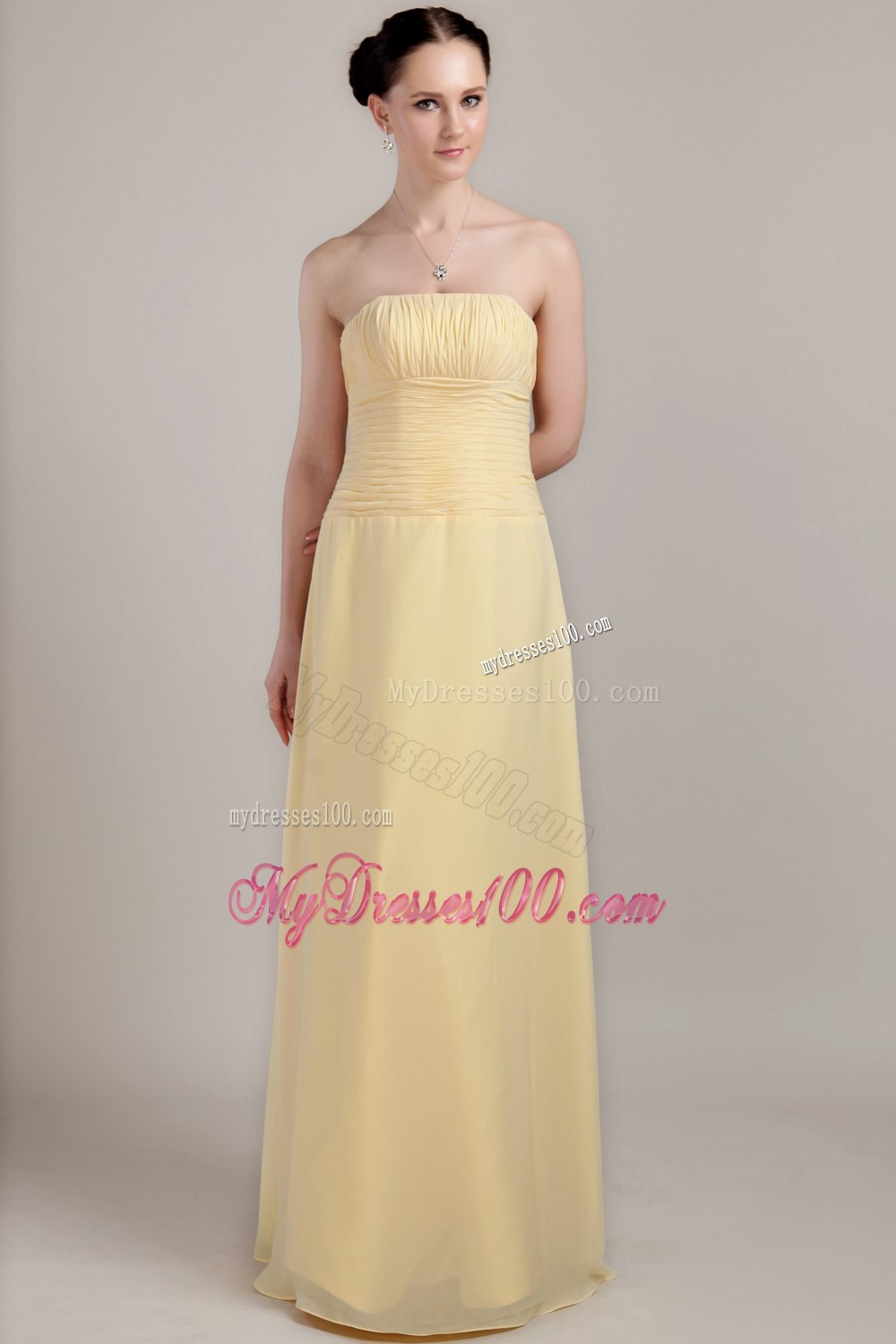 Strapless Floor Length Empire Pleated Dresses For Bridesmaid in Yellow
