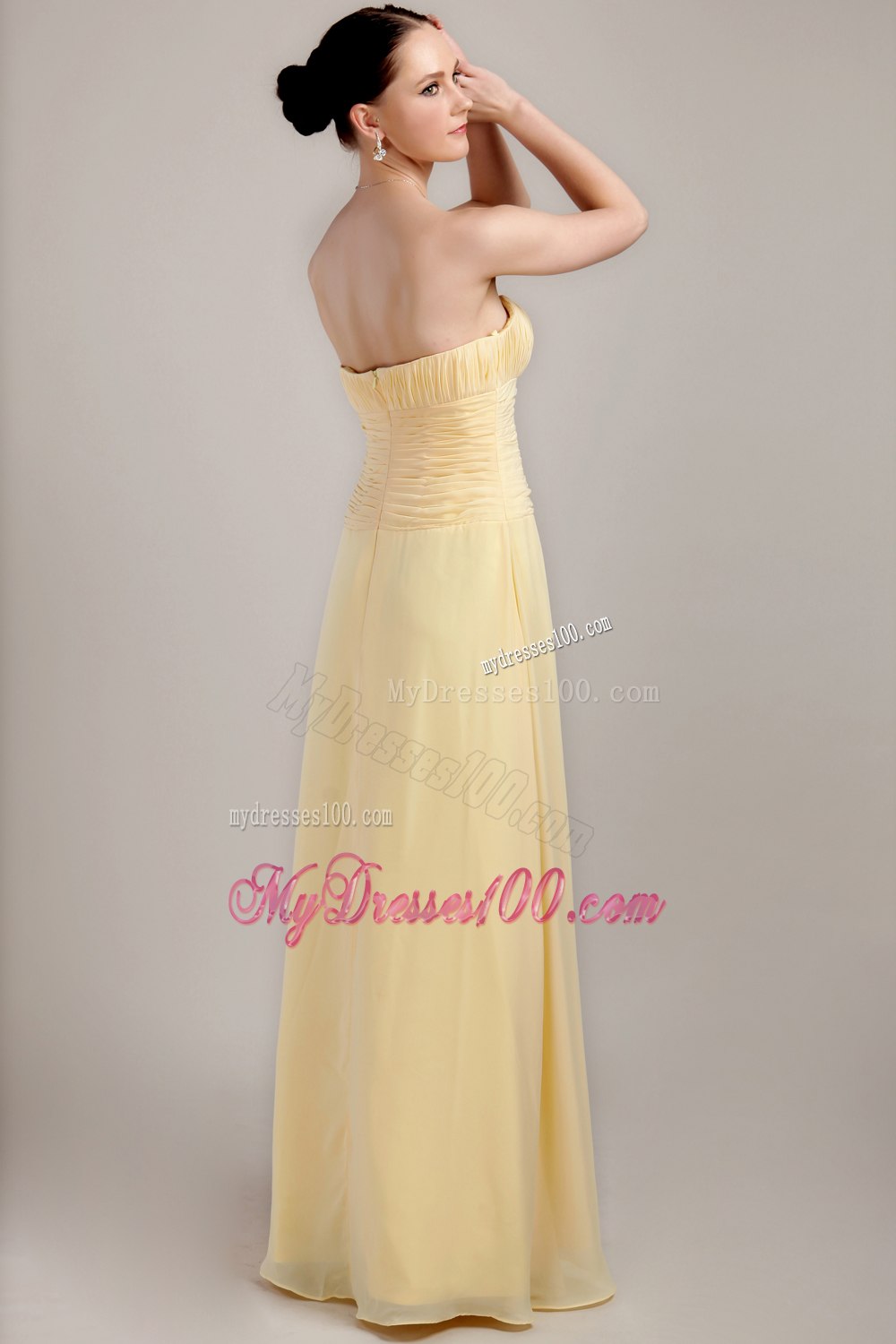 Strapless Floor Length Empire Pleated Dresses For Bridesmaid in Yellow