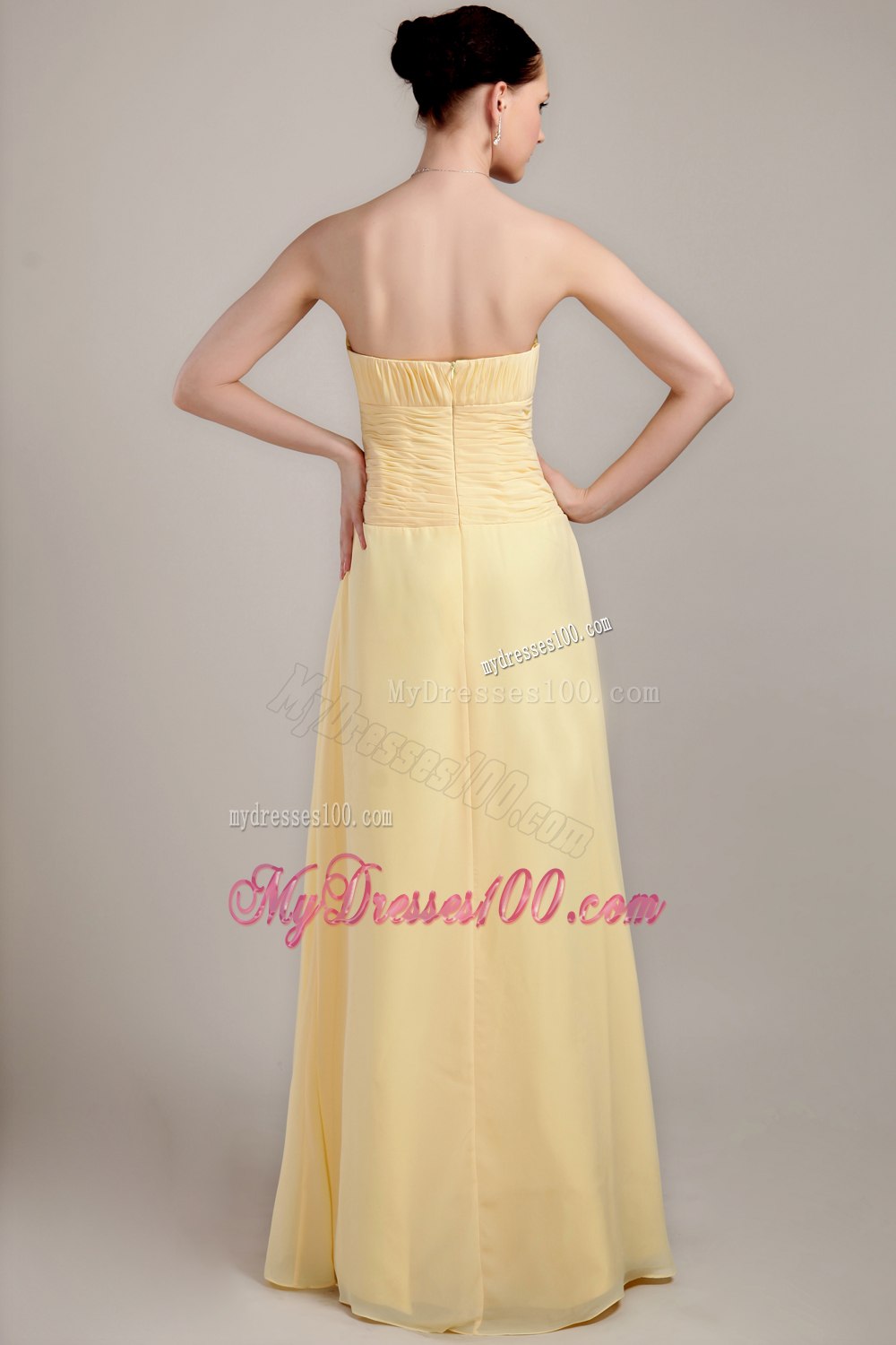 Strapless Floor Length Empire Pleated Dresses For Bridesmaid in Yellow