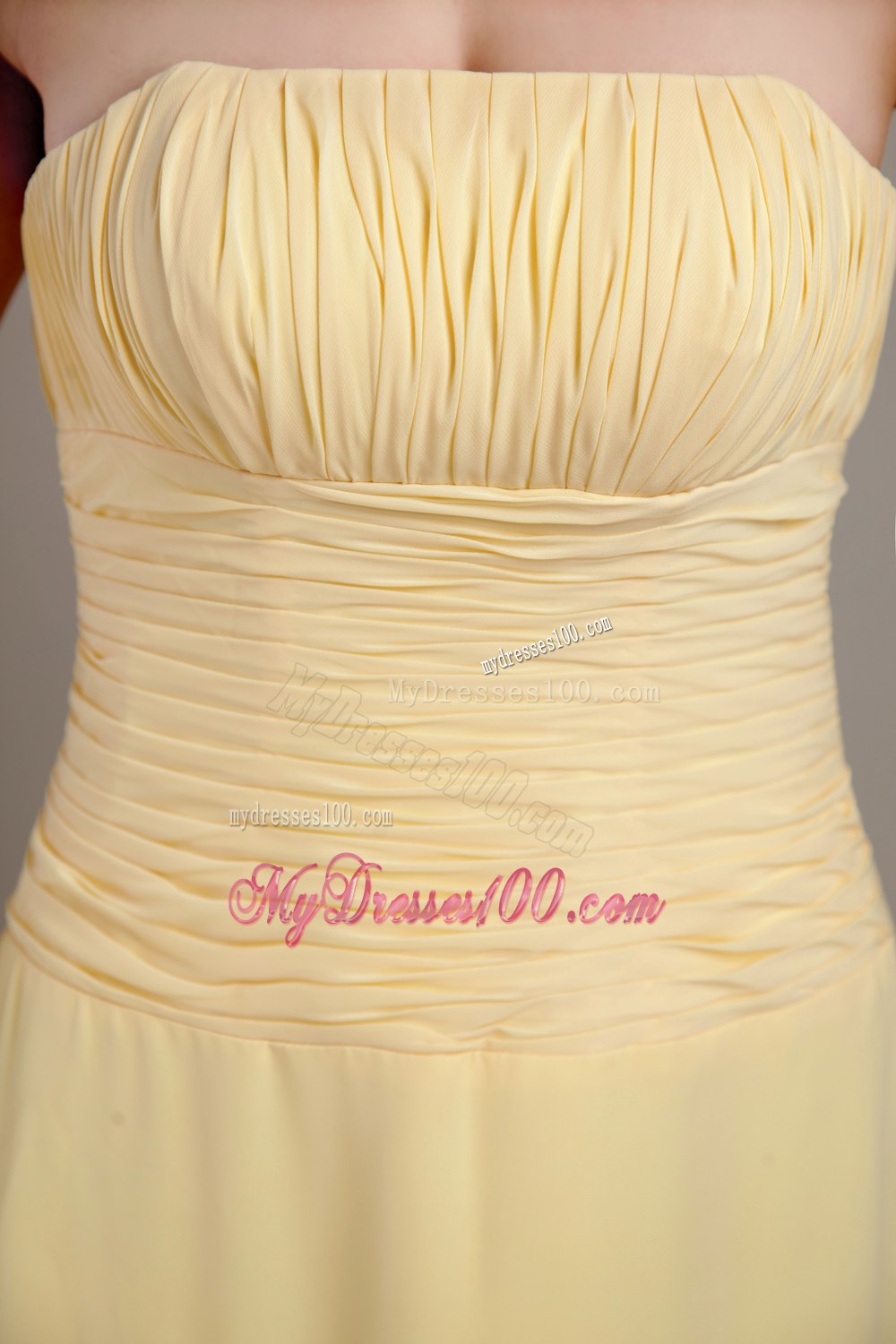 Strapless Floor Length Empire Pleated Dresses For Bridesmaid in Yellow
