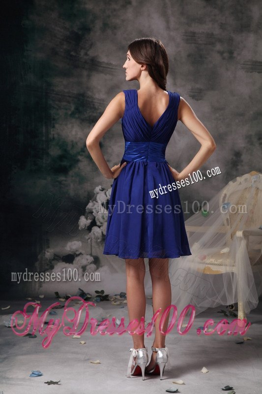 V-neck Royal Blue Short Chiffon Junior Bridesmaid Dresses