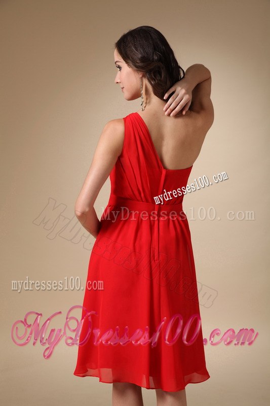 Ruching One Shoulder Short Dresses For Bridesmaid in Red with Sash