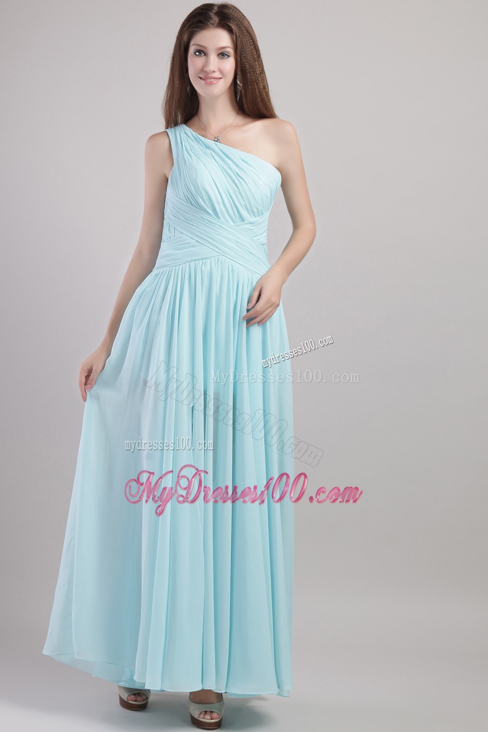 Baby Blue Ruching One Shoulder Pleated Dresses For Bridesmaid