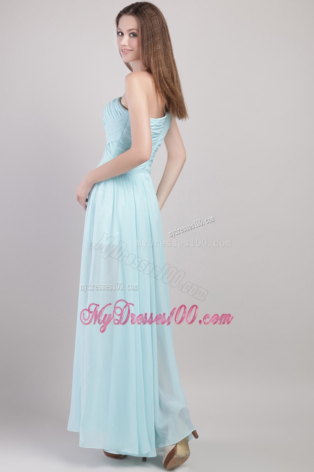 Baby Blue Ruching One Shoulder Pleated Dresses For Bridesmaid