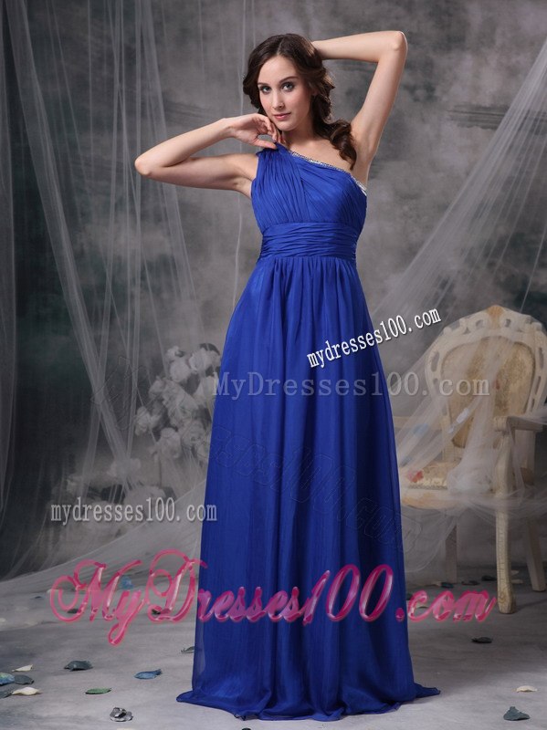 Royal Blue One-shoulder Pleated Dresses For Bridesmaid with Sash