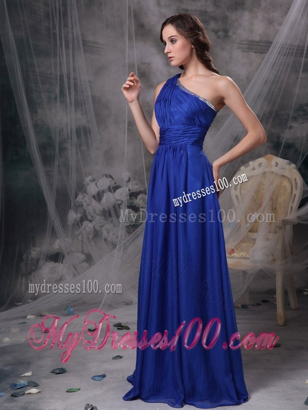 Royal Blue One-shoulder Pleated Dresses For Bridesmaid with Sash