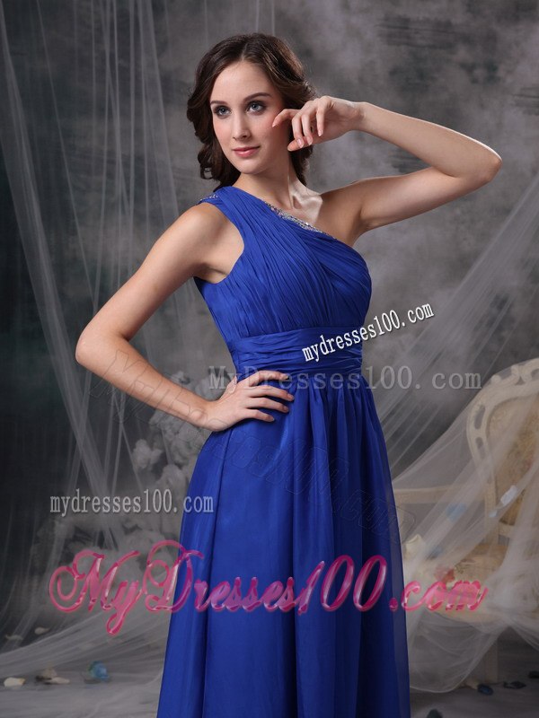 Royal Blue One-shoulder Pleated Dresses For Bridesmaid with Sash