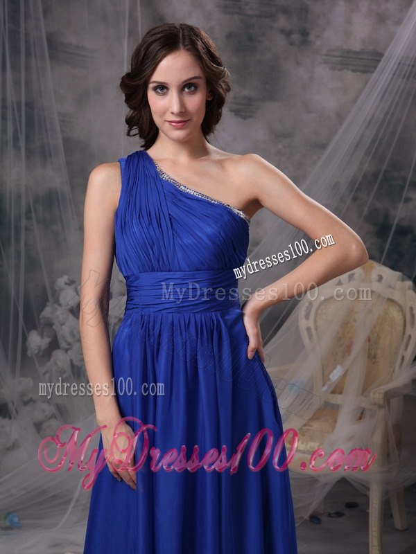 Royal Blue One-shoulder Pleated Dresses For Bridesmaid with Sash
