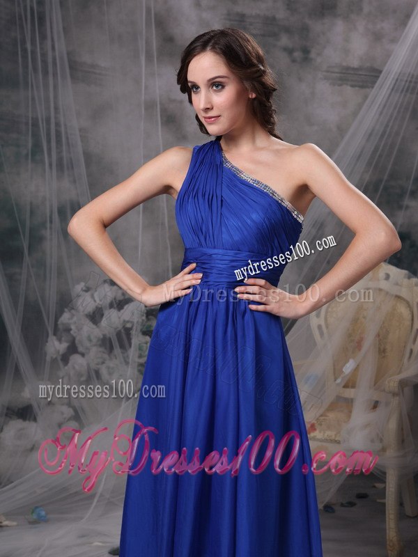 Royal Blue One-shoulder Pleated Dresses For Bridesmaid with Sash
