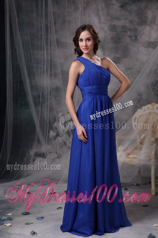 Royal Blue One-shoulder Pleated Dresses For Bridesmaid with Sash