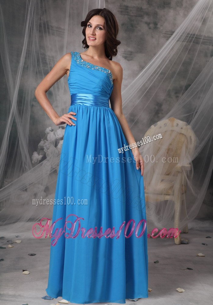Blue Beading Single Shoulder Ruching Junior Bridesmaid Dress