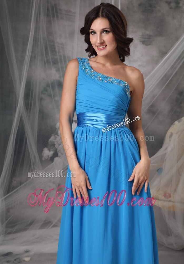 Blue Beading Single Shoulder Ruching Junior Bridesmaid Dress