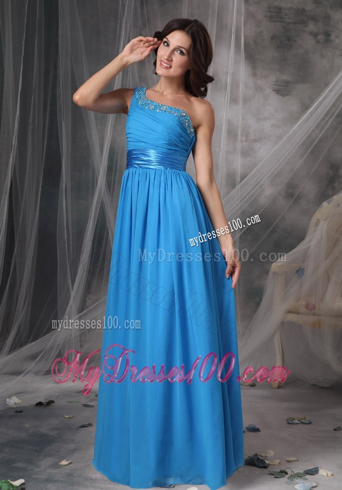 Blue Beading Single Shoulder Ruching Junior Bridesmaid Dress