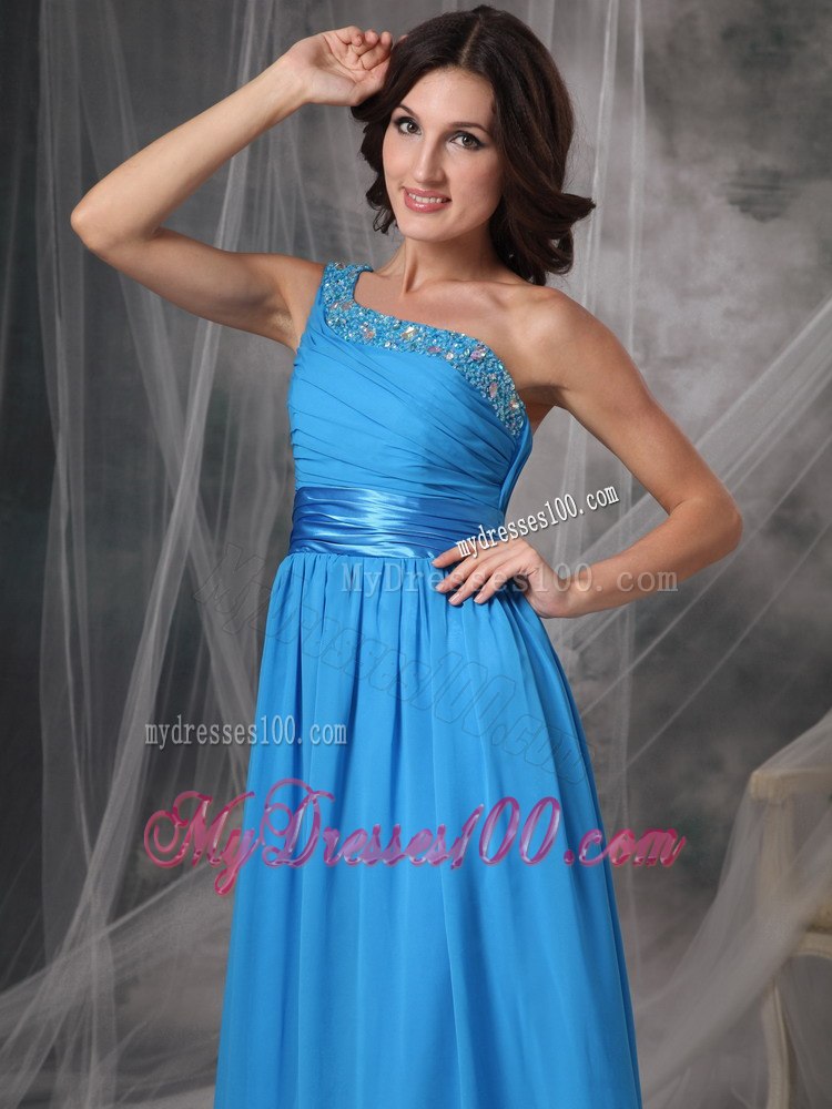 Blue Beading Single Shoulder Ruching Junior Bridesmaid Dress