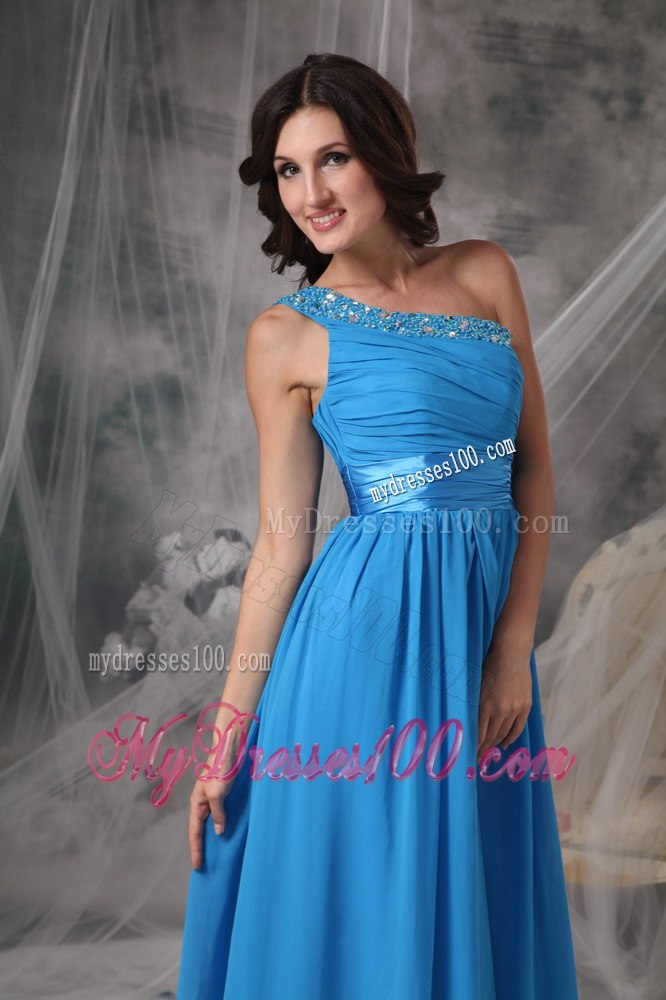 Blue Beading Single Shoulder Ruching Junior Bridesmaid Dress