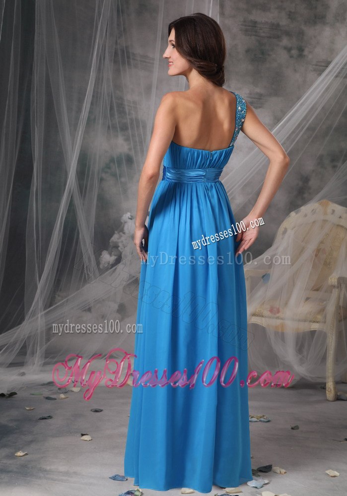 Blue Beading Single Shoulder Ruching Junior Bridesmaid Dress
