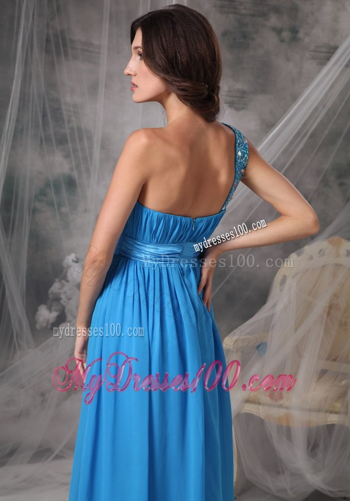 Blue Beading Single Shoulder Ruching Junior Bridesmaid Dress