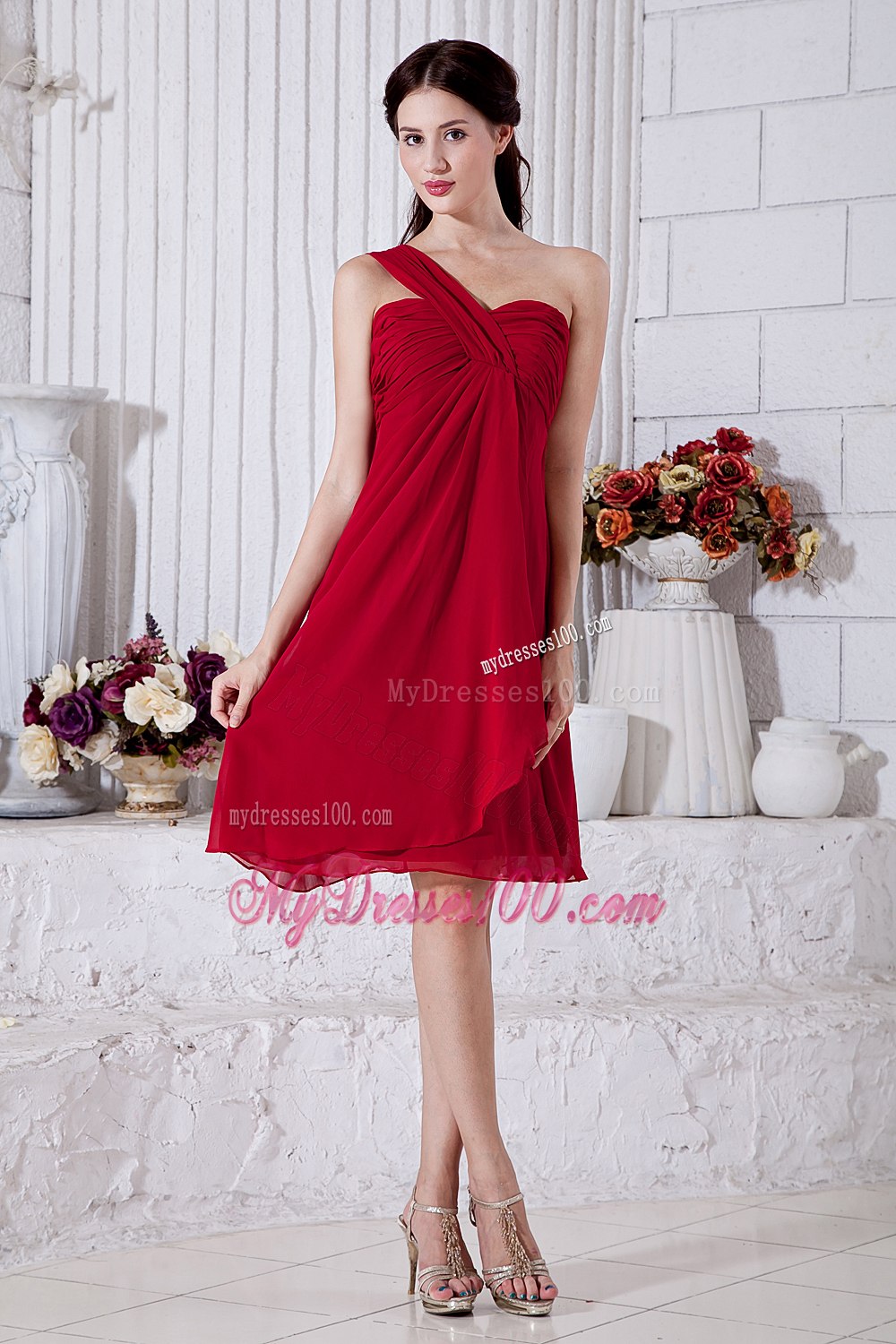 One Shoulder Empire Ruched Sweetheart Red Dresses For Bridesmaid