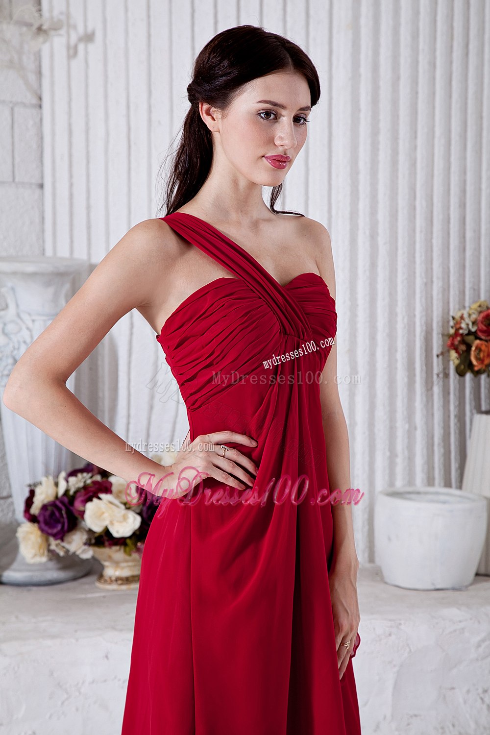 One Shoulder Empire Ruched Sweetheart Red Dresses For Bridesmaid