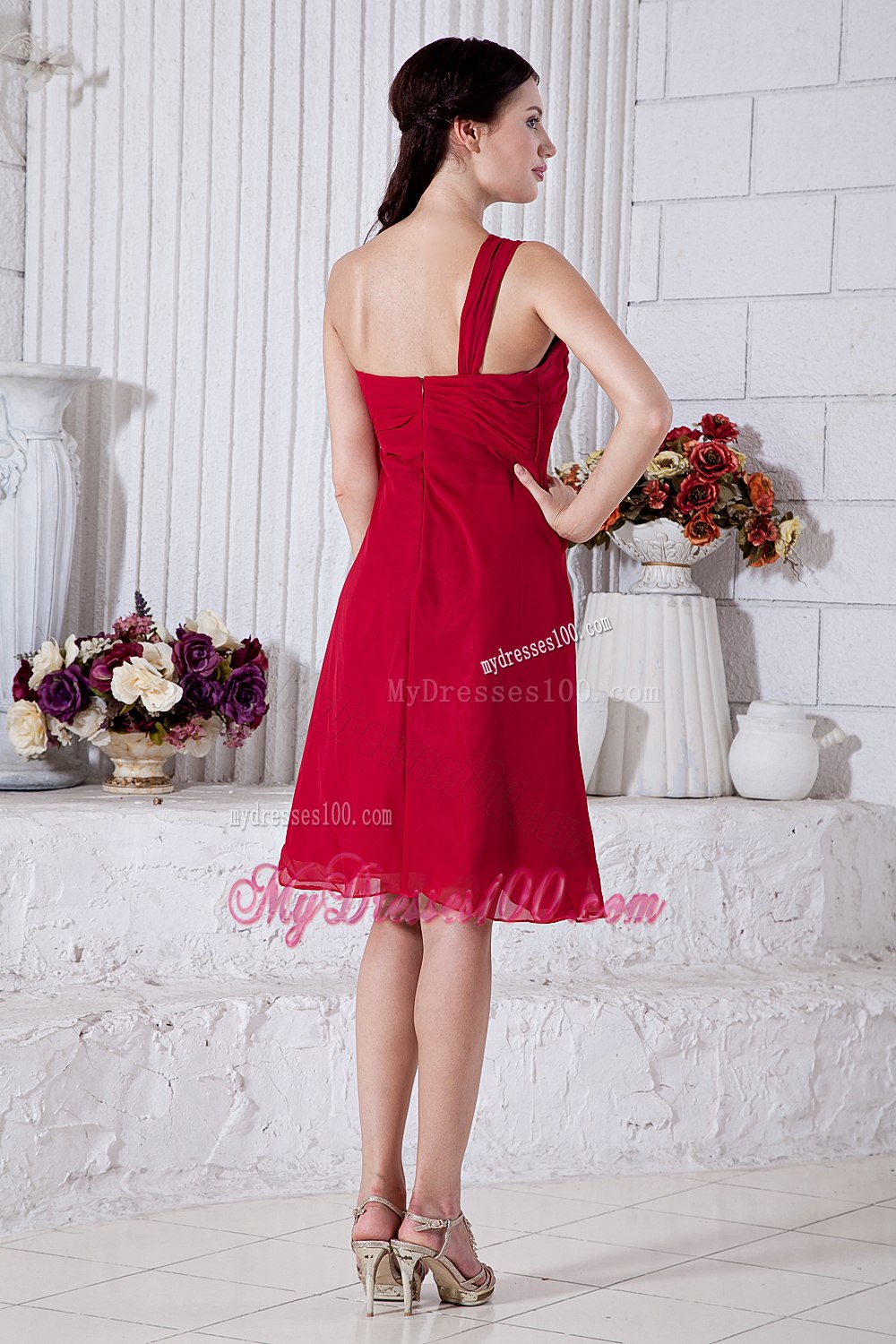 One Shoulder Empire Ruched Sweetheart Red Dresses For Bridesmaid