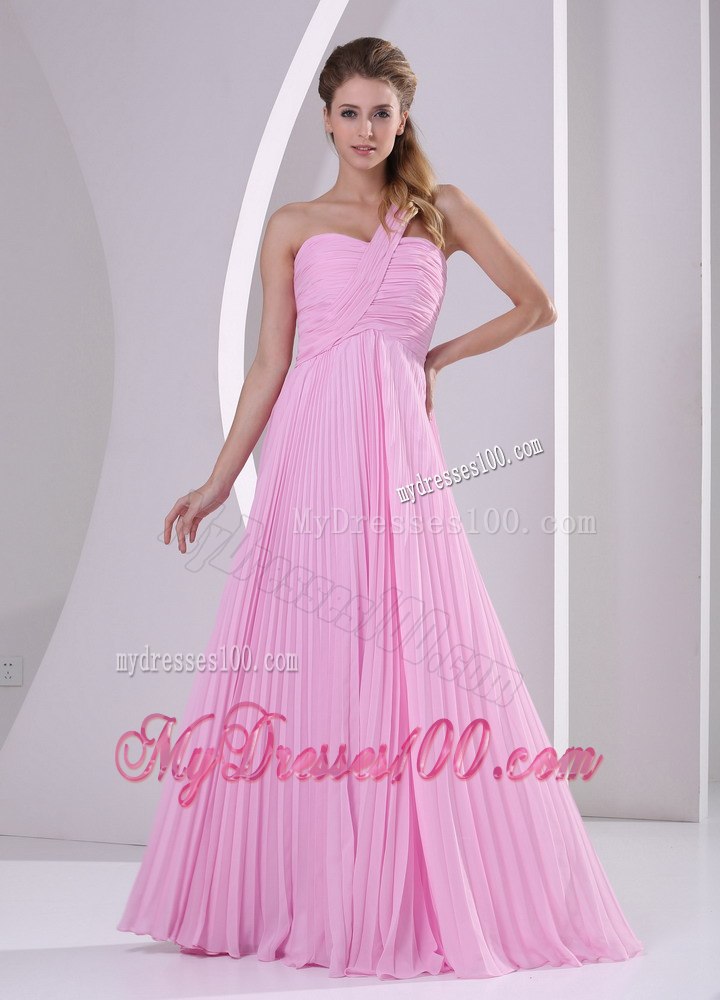 Pink Ruching One shoulder Pleated Long Dresses For Bridesmaid