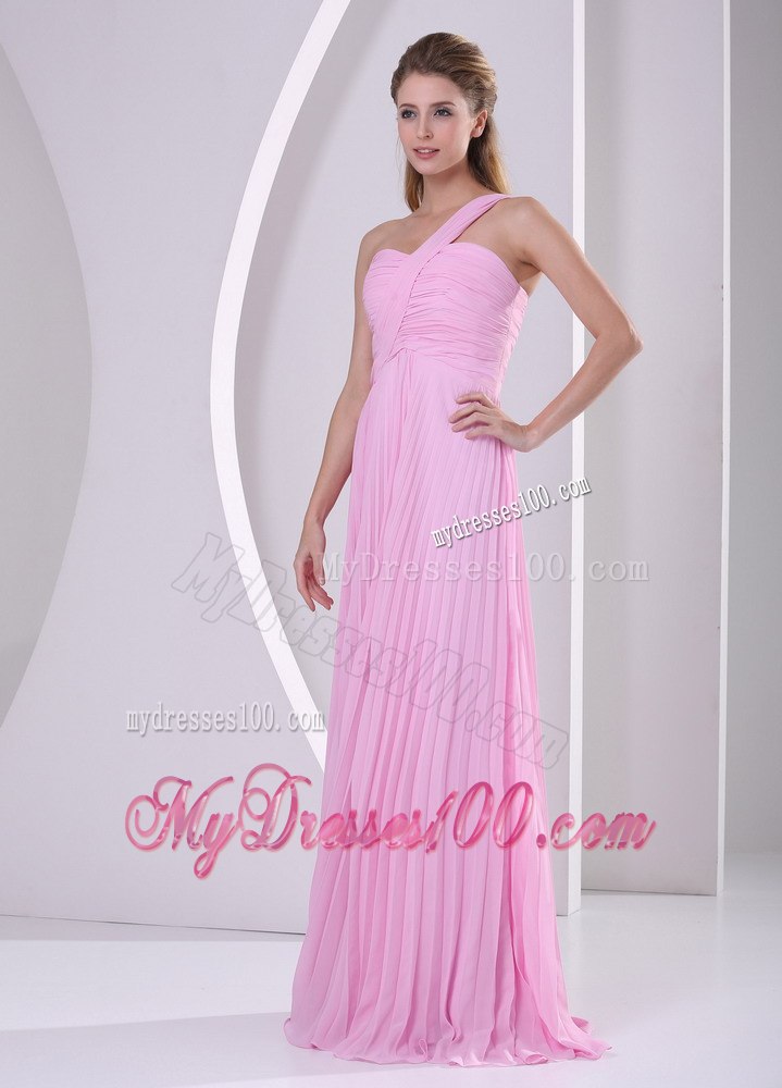 Pink Ruching One shoulder Pleated Long Dresses For Bridesmaid