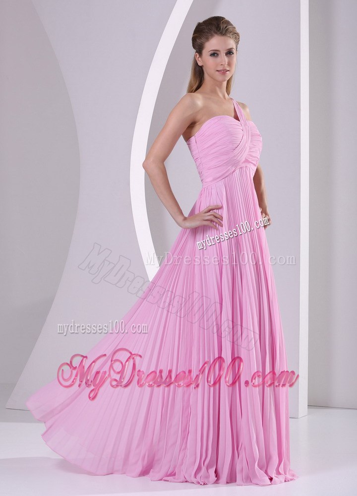Pink Ruching One shoulder Pleated Long Dresses For Bridesmaid