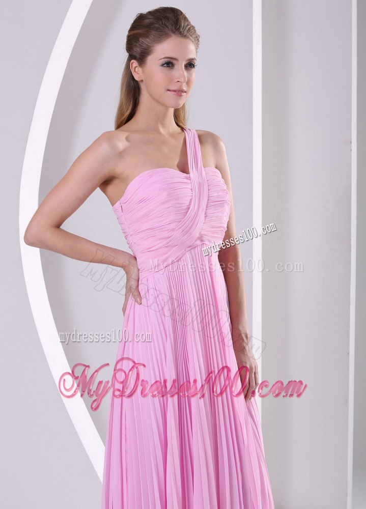 Pink Ruching One shoulder Pleated Long Dresses For Bridesmaid